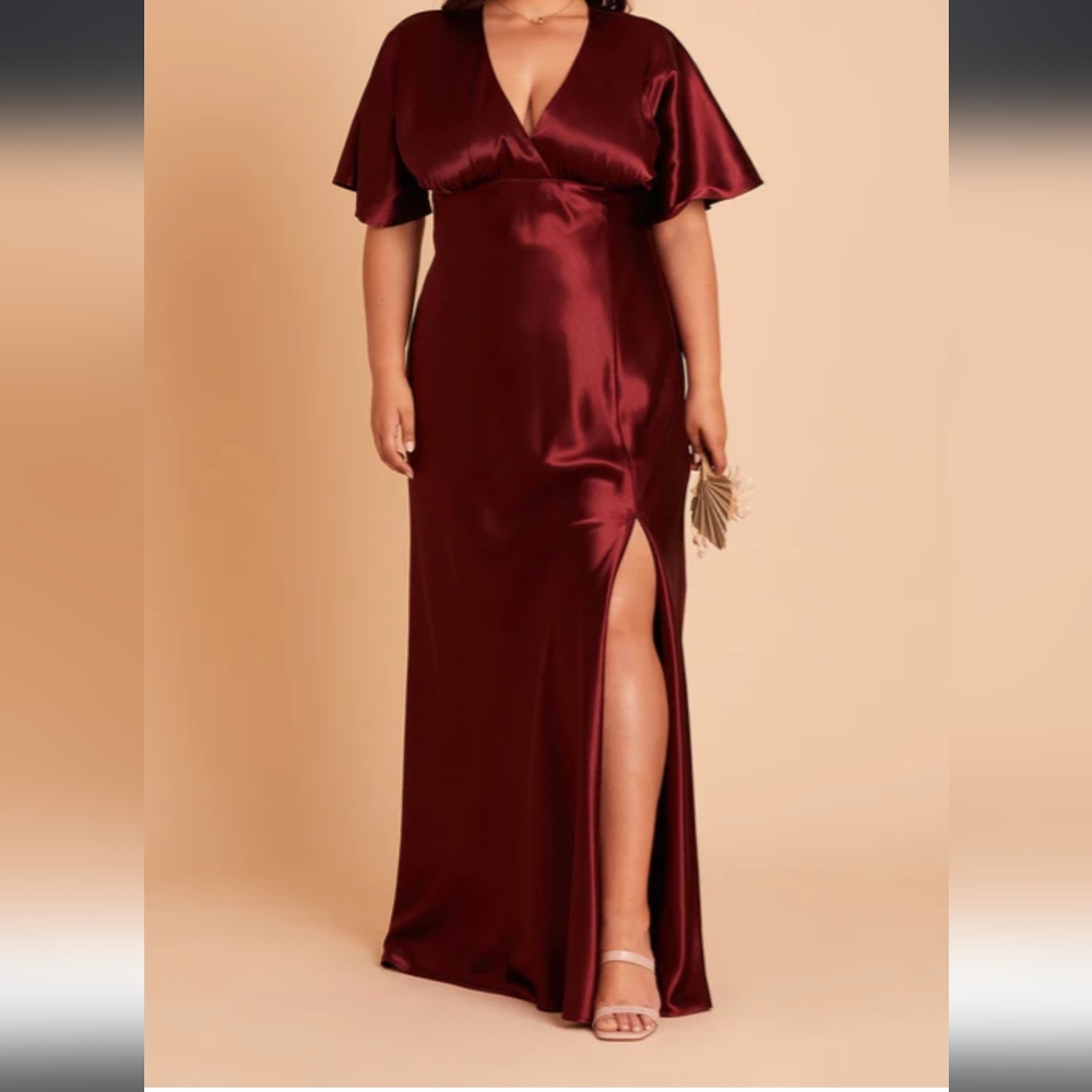 JESSE DRESS SHINY SATIN CABERNET, ruby red, size XXL, thigh slit, bell sleeves